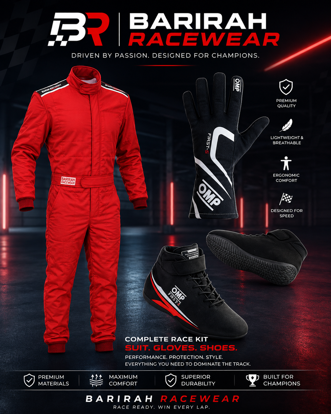 BARIRAH RACEWEAR Professional Red Racing Kit – Premium Racing Driver Suit, Motorsport Gloves & Racing Shoes – Lightweight Breathable Karting & Auto Racing Gear Set