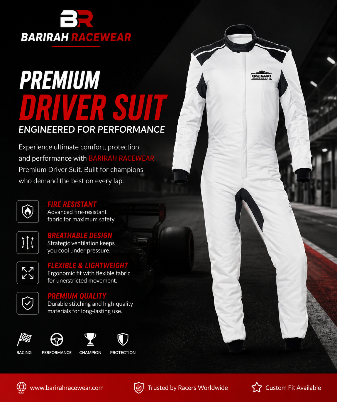 BARIRAHRACEWEAR Premium White Racing Driver Suit – Professional Motorsport Fire-Resistant Racing Overall – Lightweight Karting & Auto Racing Suit – White/Black