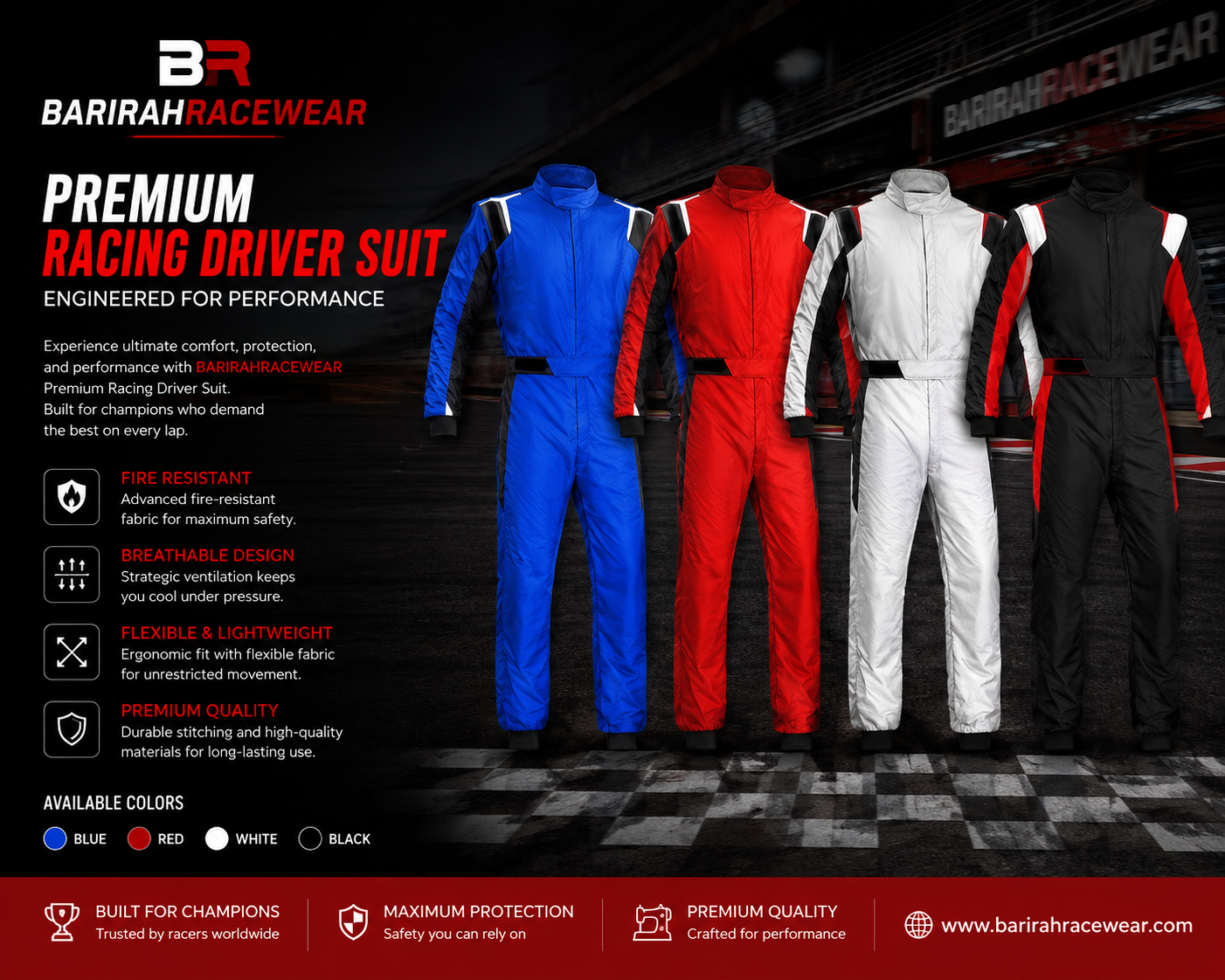 BARIRAHRACEWEAR Premium Racing Driver Suit Collection – Professional Motorsport Fire-Resistant Racing Overalls – Lightweight Karting & Auto Racing Suit – Blue, Red, White & Black