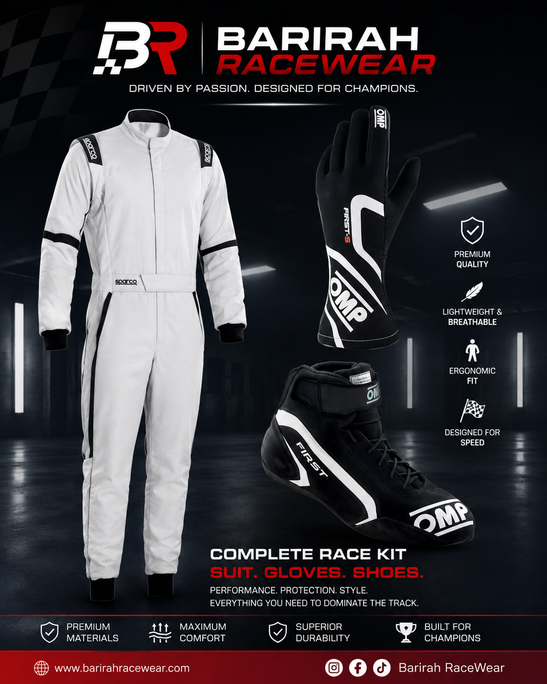 BARIRAH RACEWEAR Professional White Racing Kit – Premium Racing Driver Suit, Motorsport Gloves & Racing Shoes – Lightweight Breathable Karting & Auto Racing Gear Set