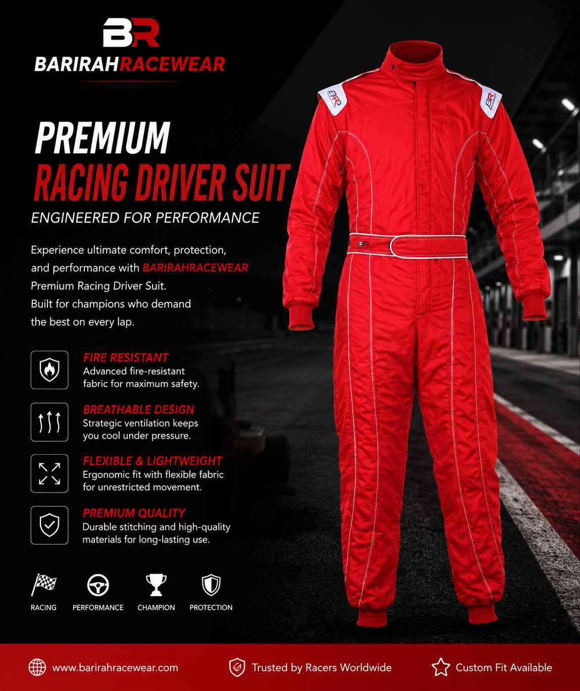 BARIRAHRACEWEAR Premium Red Racing Driver Suit – Professional Motorsport Fire-Resistant Racing Overall – Lightweight Karting & Auto Racing Suit – Red