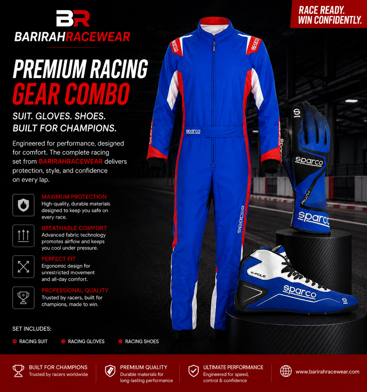 BARIRAHRACEWEAR Premium Racing Gear Set – Professional Racing Suit, Racing Gloves & Racing Shoes Combo – Lightweight Motorsport & Karting Performance Kit – Blue/Red/White