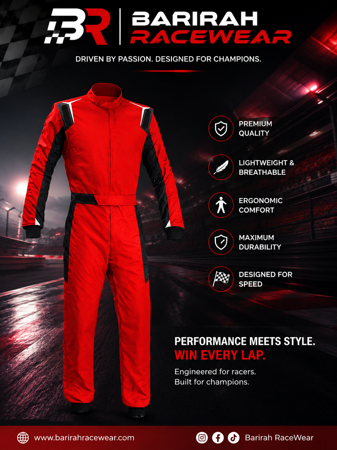BARIRAH RACEWEAR Premium Red Racing Driver Suit – Professional Motorsport Racing Overall – Lightweight Breathable Karting & Auto Racing Suit – Unisex Performance Racewear