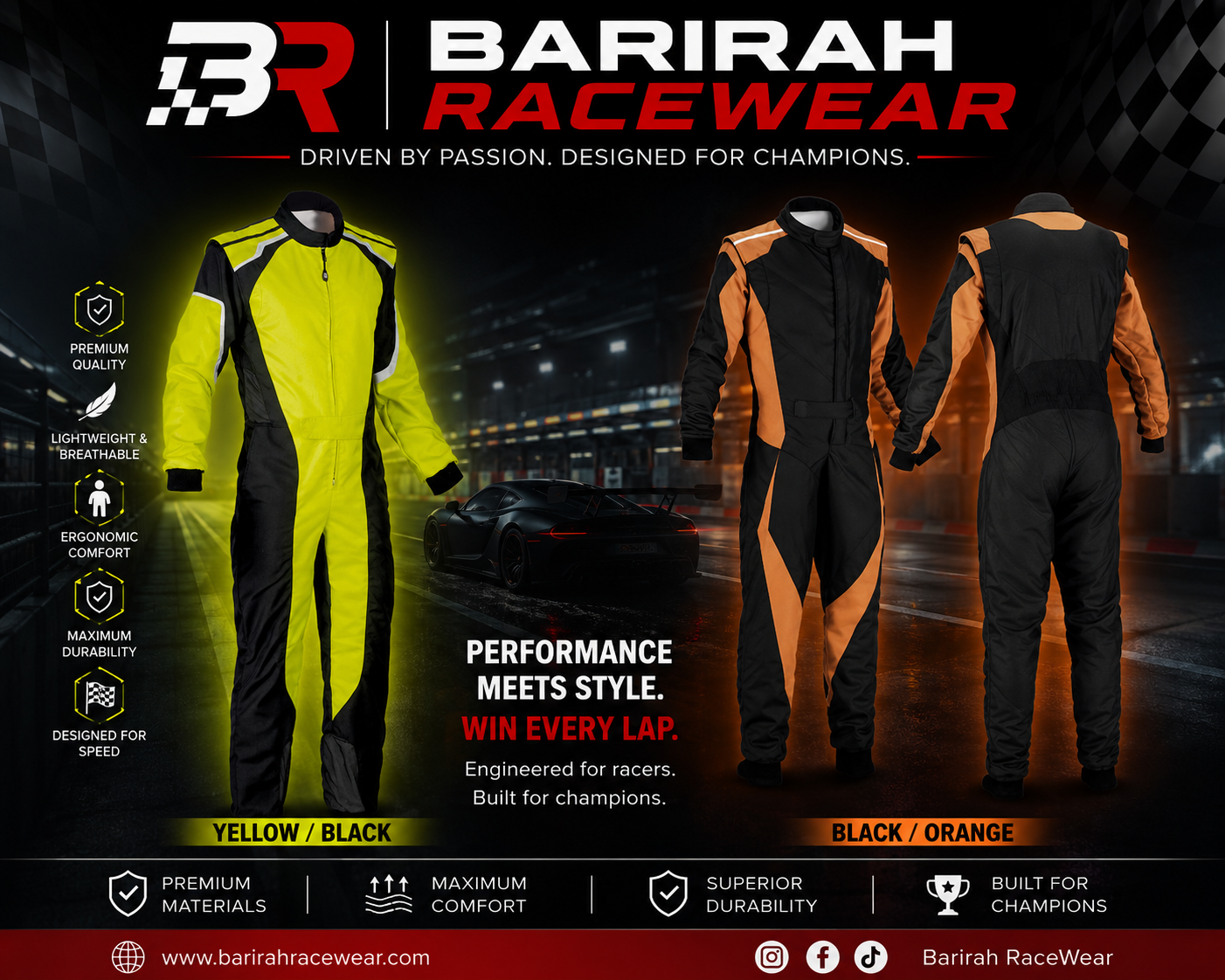 BARIRAH RACEWEAR Premium Racing Driver Suit Collection – Professional Motorsport Racing Overalls – Lightweight Breathable Karting & Auto Racing Suit – Yellow/Black & Black/Orange Color Options