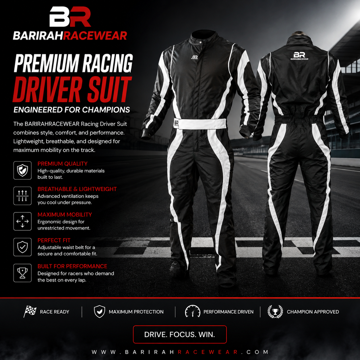 BARIRAHRACEWEAR Premium Black & White Racing Driver Suit – Professional Motorsport Racing Overall – Lightweight Breathable Karting & Auto Racing Suit – Front & Back Design