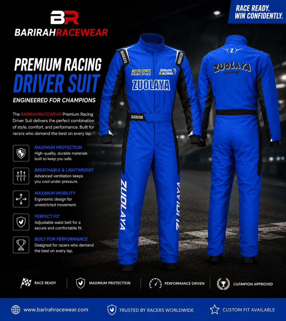 BARIRAHRACEWEAR Premium Blue Racing Driver Suit – Professional Motorsport Racing Overall – Lightweight Breathable Karting & Auto Racing Suit – Front & Back Design