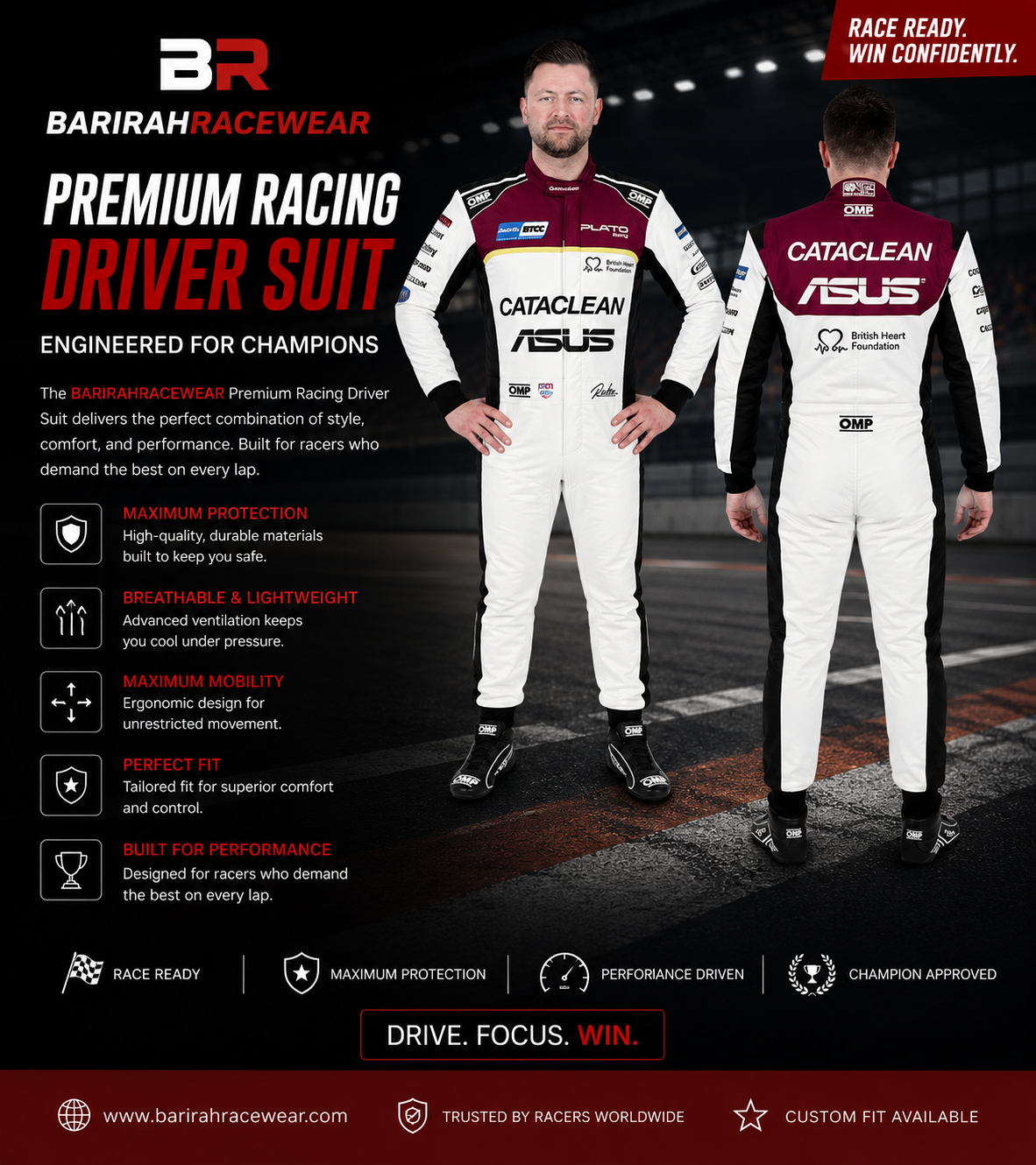 BARIRAHRACEWEAR Premium White Racing Driver Suit – Professional Motorsport Racing Overall – Lightweight Breathable Karting & Auto Racing Suit – Front & Back Design