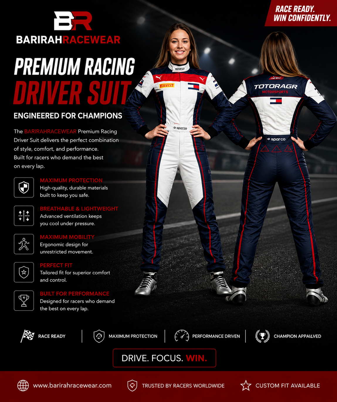 BARIRAHRACEWEAR Women's Premium Racing Driver Suit – Professional Motorsport Racing Overall – Lightweight Breathable Karting & Auto Racing Suit – Front & Back Design