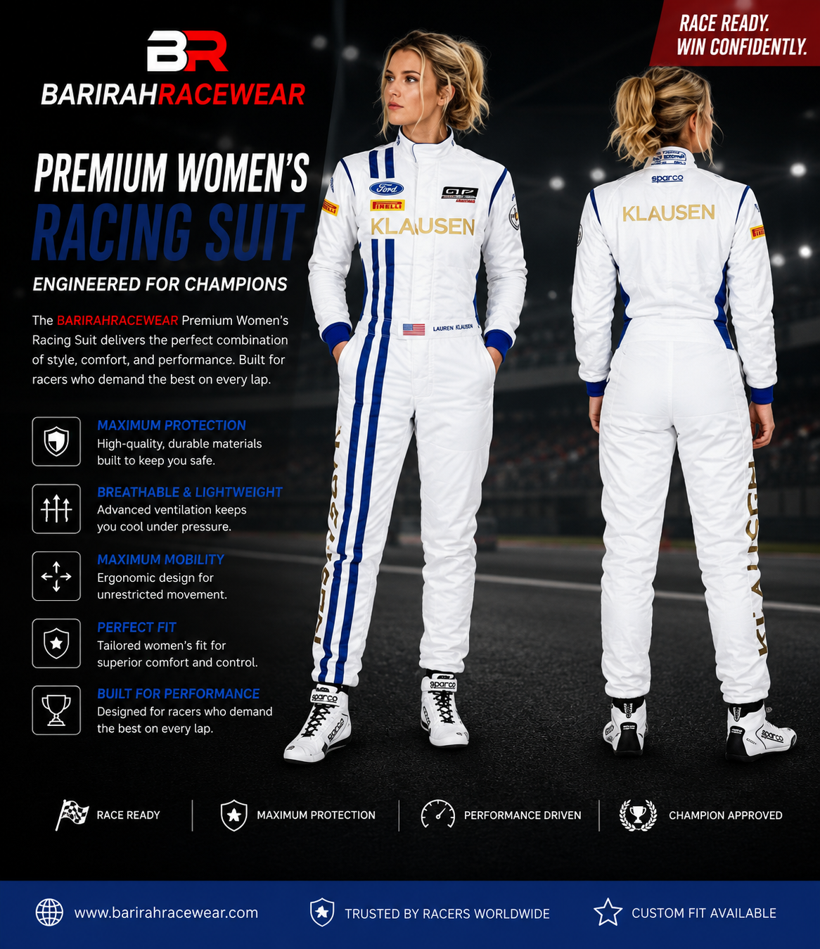 BARIRAHRACEWEAR Women's Premium White Racing Driver Suit – Professional Motorsport Racing Overall – Lightweight Breathable Karting & Auto Racing Suit – Front & Back Design