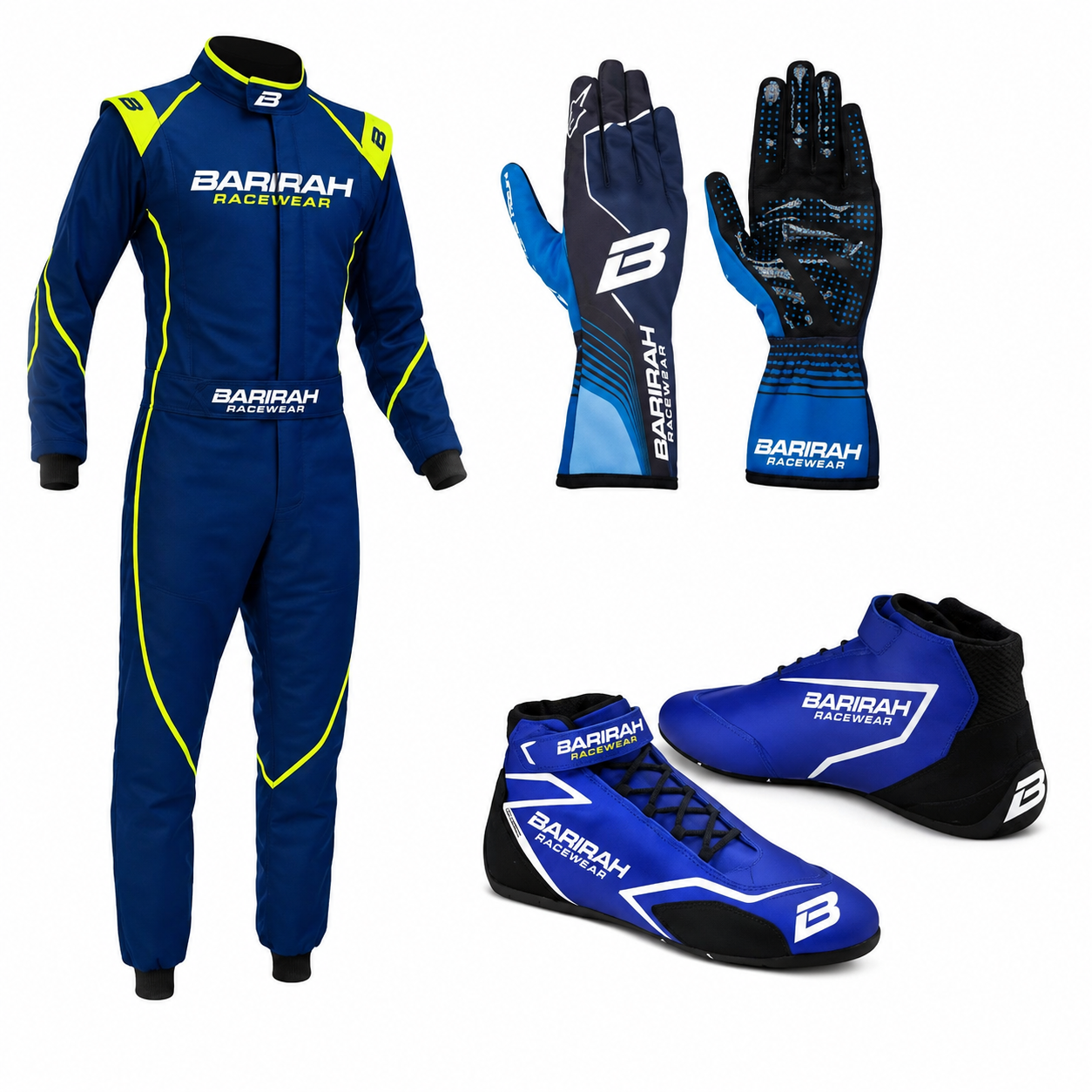 Barirah Racewear Complete Karting Gear Set – FIA Style Racing Suit, Gloves & Racing Shoes | Blue/Neon Yellow