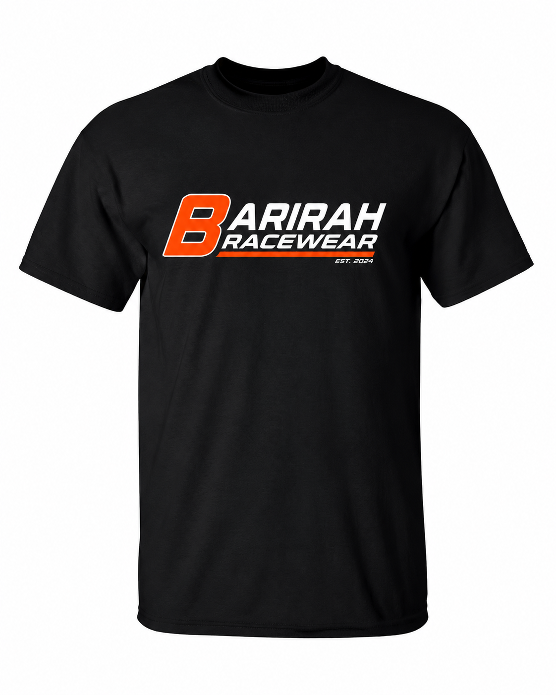 Barirah Racewear Classic Logo T-Shirt – Black Premium Cotton Graphic Tee (Orange Edition)
