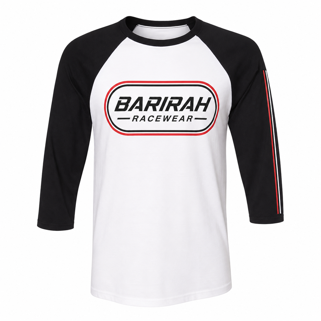 Barirah Racewear Premium 3/4 Sleeve Raglan T-Shirt | Motorsport Baseball Tee – White & Black