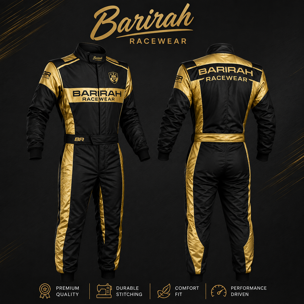 Barirah Racewear Premium Racing Suit – Black & Gold Motorsport Overall