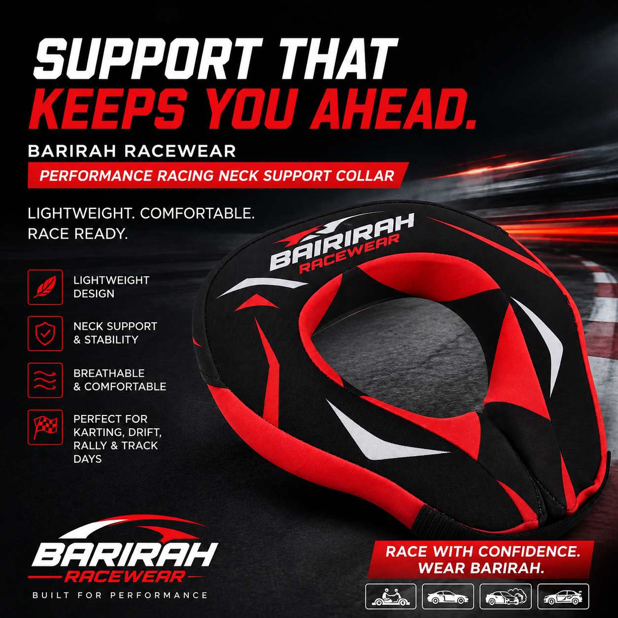 Barirah Racewear Performance Racing Neck Support Collar – Red & Black | Lightweight Motorsport Neck Brace (Copy)