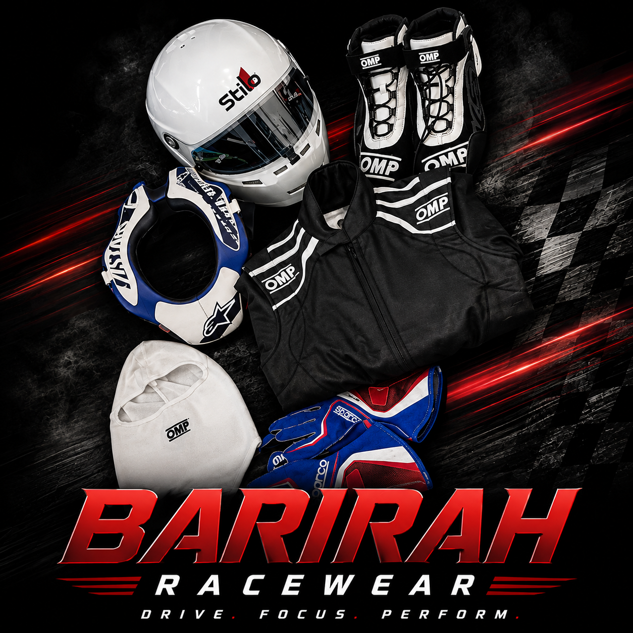 OMP Complete Racing Package – Racing Suit, Stilo Helmet, OMP Racing Boots, Sparco Gloves, Balaclava & Neck Protection | Barirah Racewear