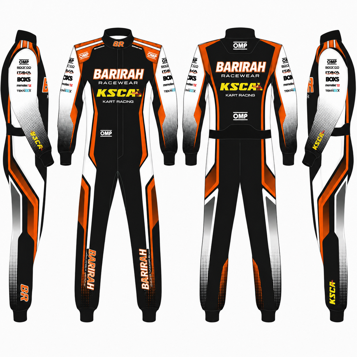 Barirah Racewear Black, Sodi Orange & White Custom Kart Racing Suit | Professional Motorsport Overall