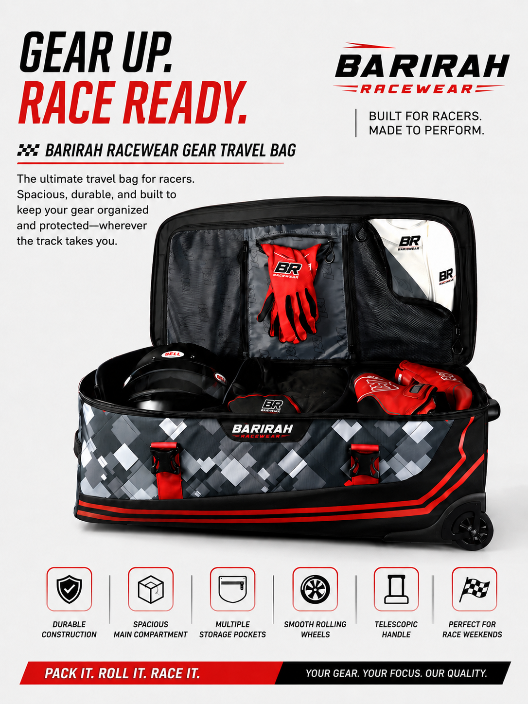Barirah Racewear Premium Rolling Racing Gear Travel Bag | Helmet & Suit Storage | Wheeled Motorsport Luggage