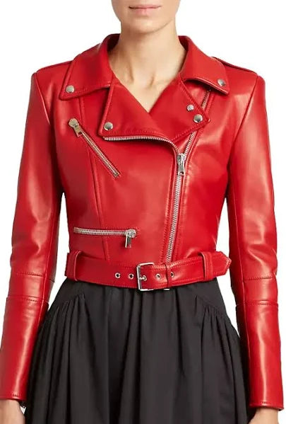 Women's Red Cropped Biker Leather Jacket | Belted Moto Motorcycle Jacket | Slim Fit Premium Leather Outerwear