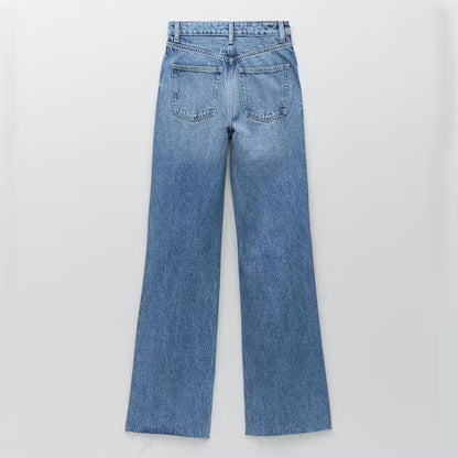 Bohr Women's High-Waisted Wide Leg Blue Denim Jeans | Relaxed Fit Cotton Casual Jeans | Classic 5-Pocket Full-Length Palazzo Style