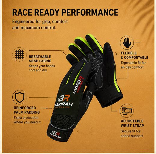 Barirah Racewear Racing Gloves Premium Comfortable Motorcycle Flourosent/Black Gloves