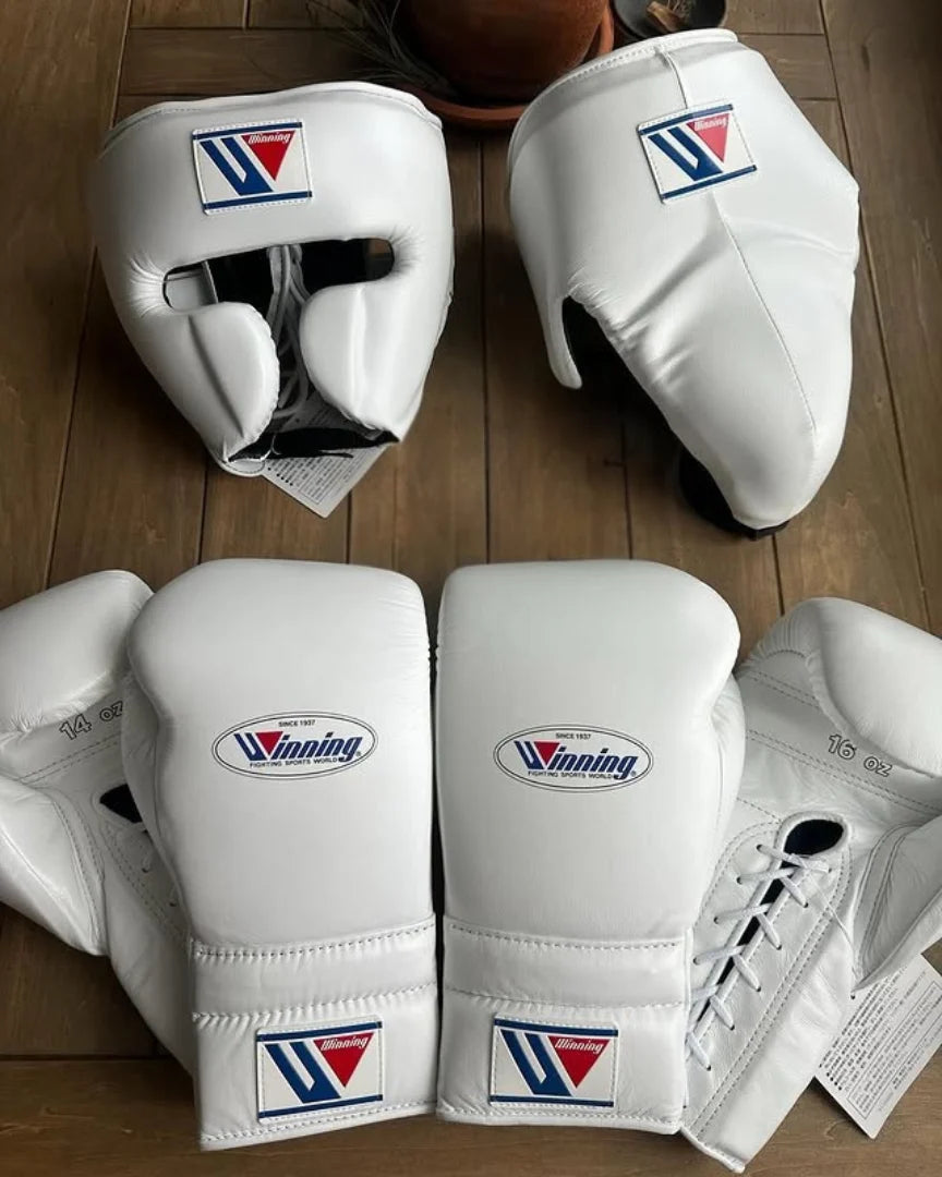 Winning Professional Boxing Protective Gear Set | Premium Leather Boxing Gloves, Headgear & Groin Guard Kit | Competition & Sparring Equipment | White