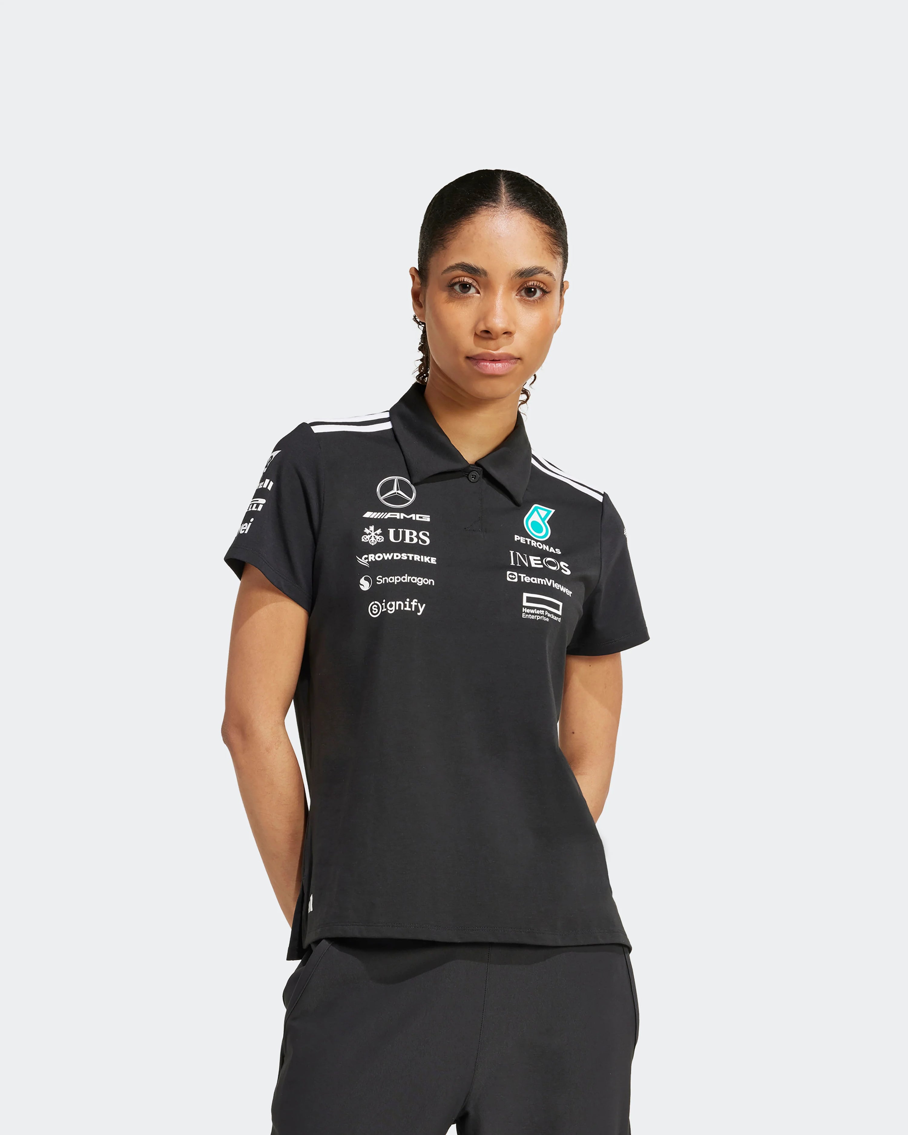 Mercedes-AMG PETRONAS Formula One Team Women's Polo Shirt | Black Motorsport Performance Polo | Official Team Short Sleeve Racing Apparel