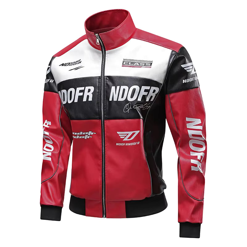 Men's Motorcycle Racing Leather Jacket | Premium Biker Riding Jacket | Protective Moto Streetwear Jacket with Stand Collar | Red, Black & White