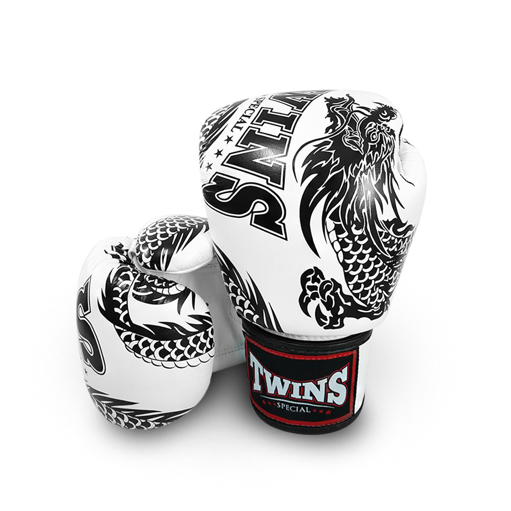 Twins Special Dragon Boxing Gloves | Premium Leather Training & Sparring Gloves | Professional Muay Thai, Boxing, MMA & Kickboxing Gloves | White & Black