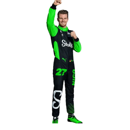 Nico Hülkenberg Stake F1 Team Kick Sauber 2024 Racing Suit Replica – Black & Neon Green Formula 1 Driver Overall