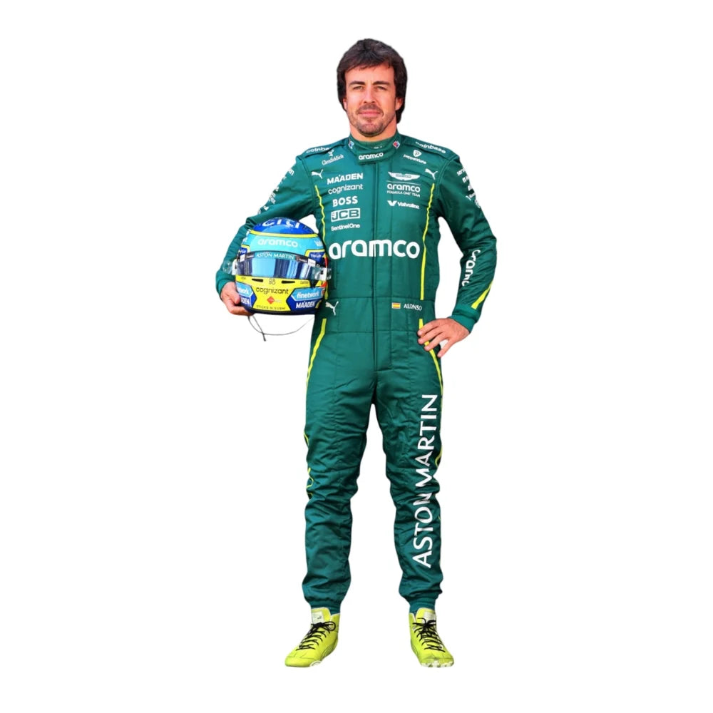 Fernando Alonso Aston Martin Aramco F1 Racing Driver Suit with Helmet – Premium Racing Costume Replica