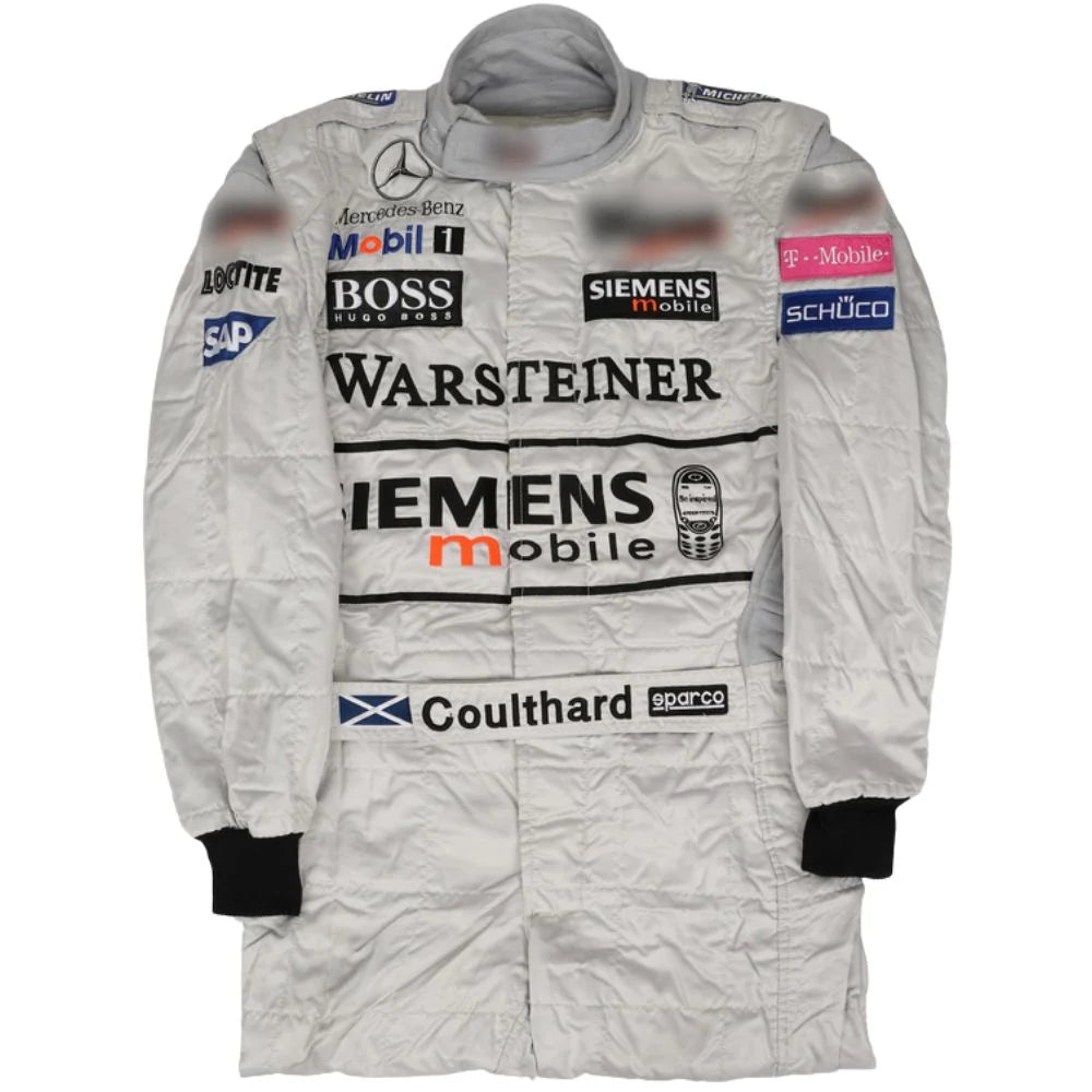 Vintage McLaren Mercedes Formula 1 Race Suit – David Coulthard Siemens Mobile White Racing Overall | Sparco | FIA Style