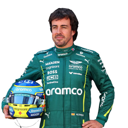 Fernando Alonso Aston Martin Aramco F1 Racing Driver Suit with Helmet – Premium Racing Costume Replica