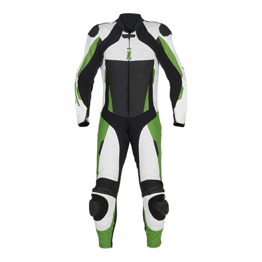 Men's Premium One-Piece Leather Motorcycle Racing Suit | CE Armored | White Black Green