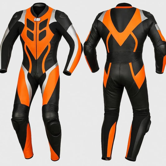 Custom Black & Orange Motorcycle Racing Leather Suit – CE Armored MotoGP Style One-Piece Biker Suit for Men