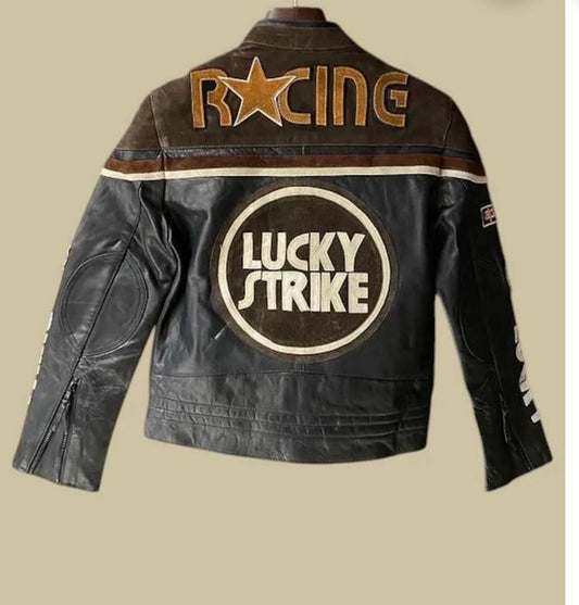 Lucky Strike Racing Vintage Black Leather Motorcycle Jacket | Cafe Racer Biker Jacket