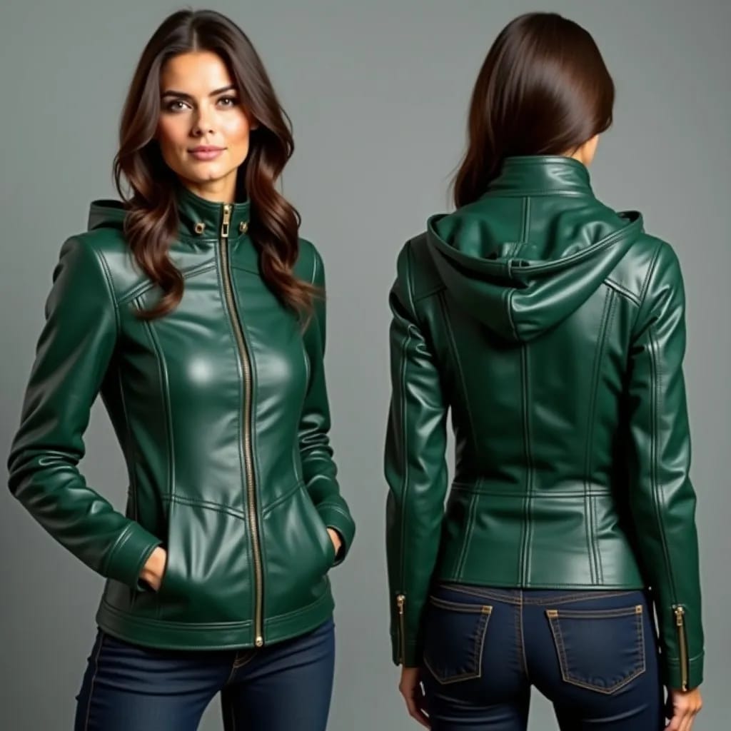 Women's Dark Green Faux Leather Hooded Jacket | Slim Fit Zip-Up Vegan Leather Coat