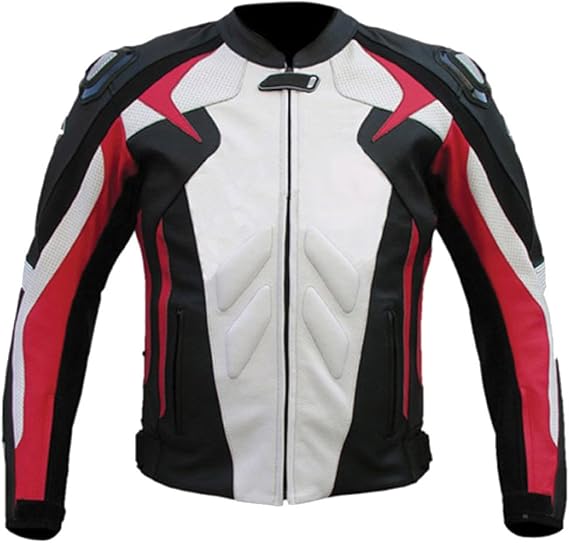 Men's Premium Cowhide Leather Motorcycle - White Black Red CE