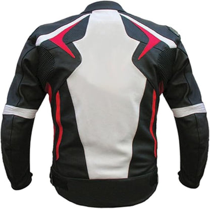 Men's Premium Cowhide Leather Motorcycle Racing Jacket – White Black Red CE Armored Sport Riding Jacket