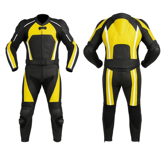 Custom Black & Yellow Motorcycle Racing Leather Suit – CE Armor Biker Riding Suit for Men