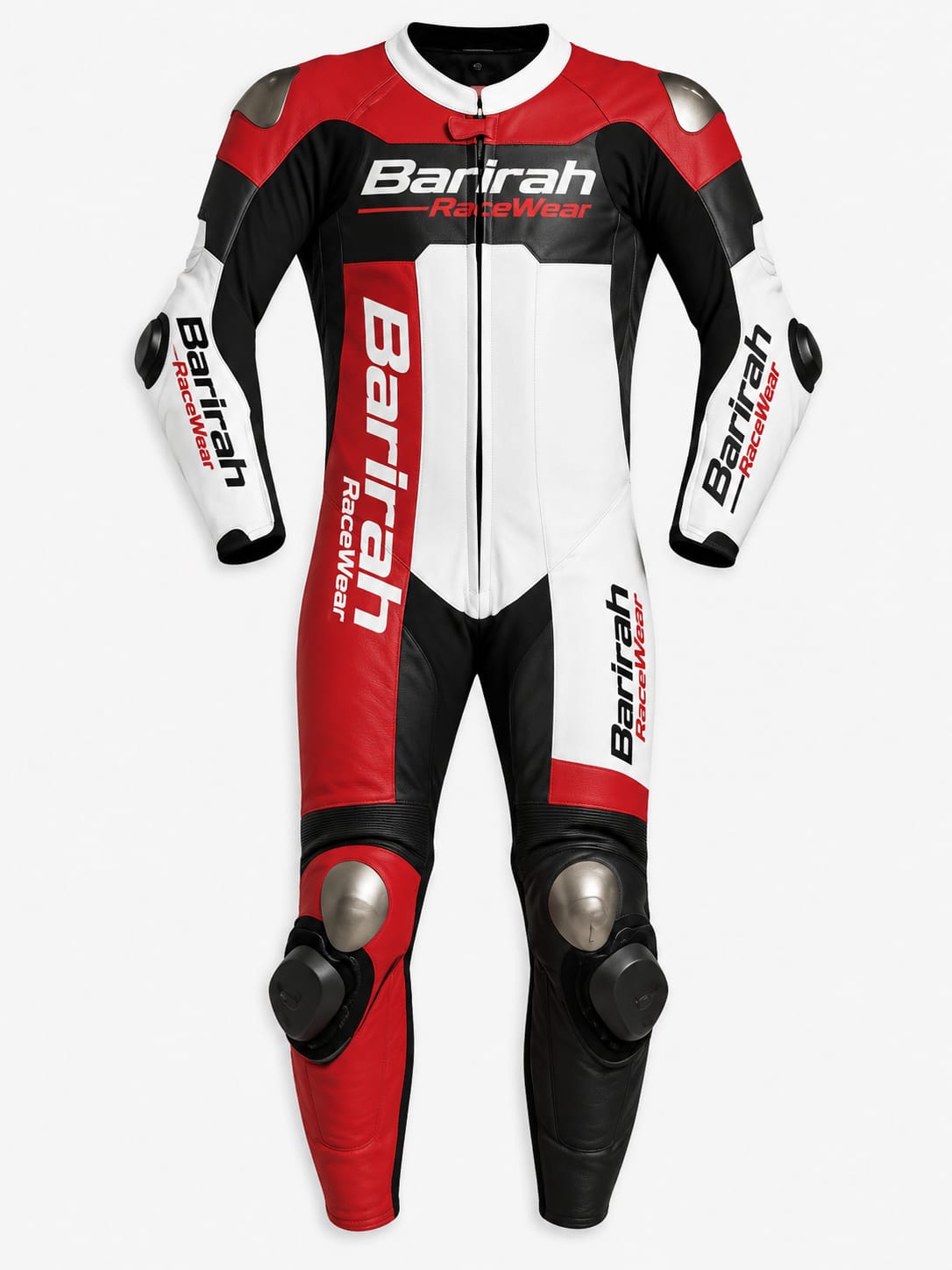 Barirah Racewear Premium One-Piece Motorcycle Racing Leather Suit | CE Armor | Track & Street Riding Gear | Red, Black & White
