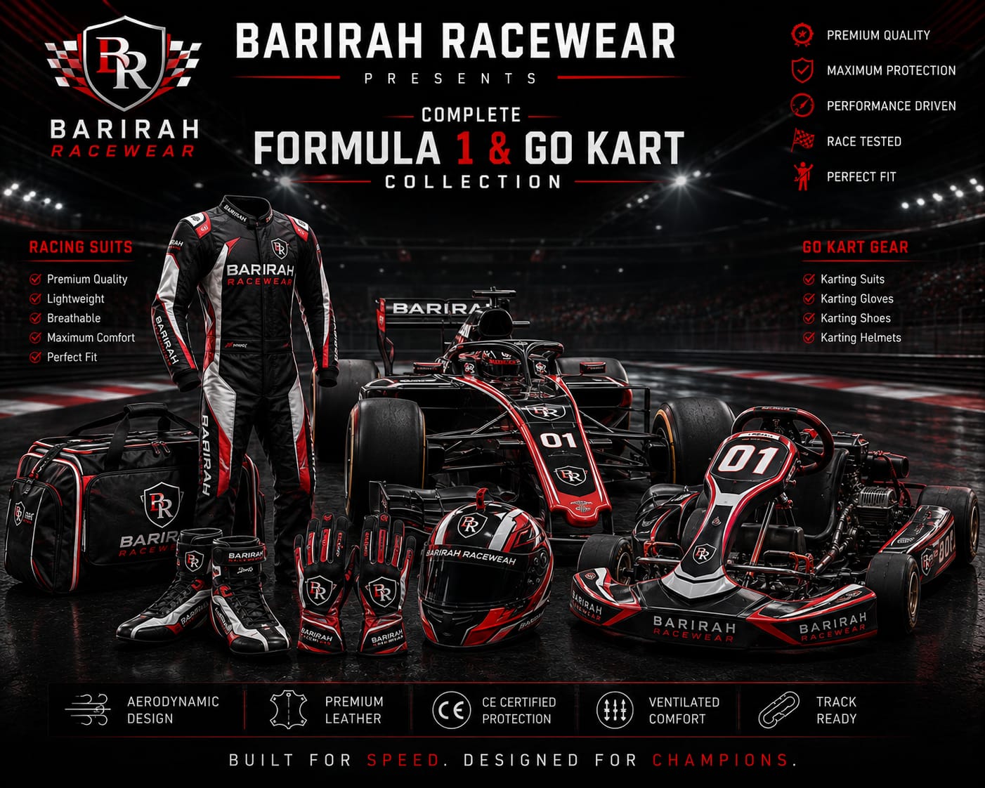Barirah Racewear Formula 1 & Go Kart Racing Collection | FIA-Style Racing Suits, Karting Helmets, Gloves, Boots & Motorsport Gear