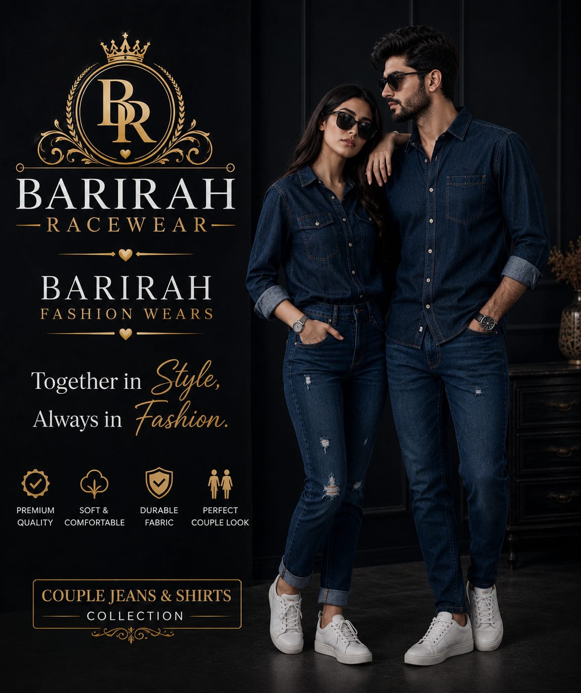 Barirah Racewear Couple Denim Shirt & Jeans Set | Matching Men's & Women's Casual Denim Outfit | Premium Cotton Fashion Wear | Dark Blue