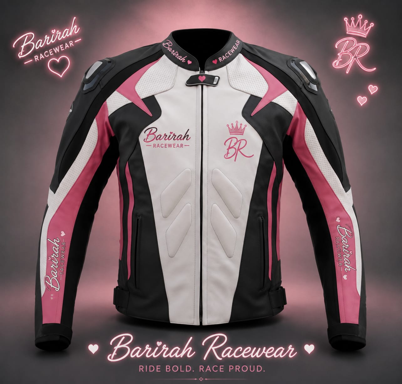 Barirah Racewear Women's Premium Motorcycle Leather Jacket | CE Armor Protective Riding Jacket | Sport Biker Racing Jacket | Black, White & Pink