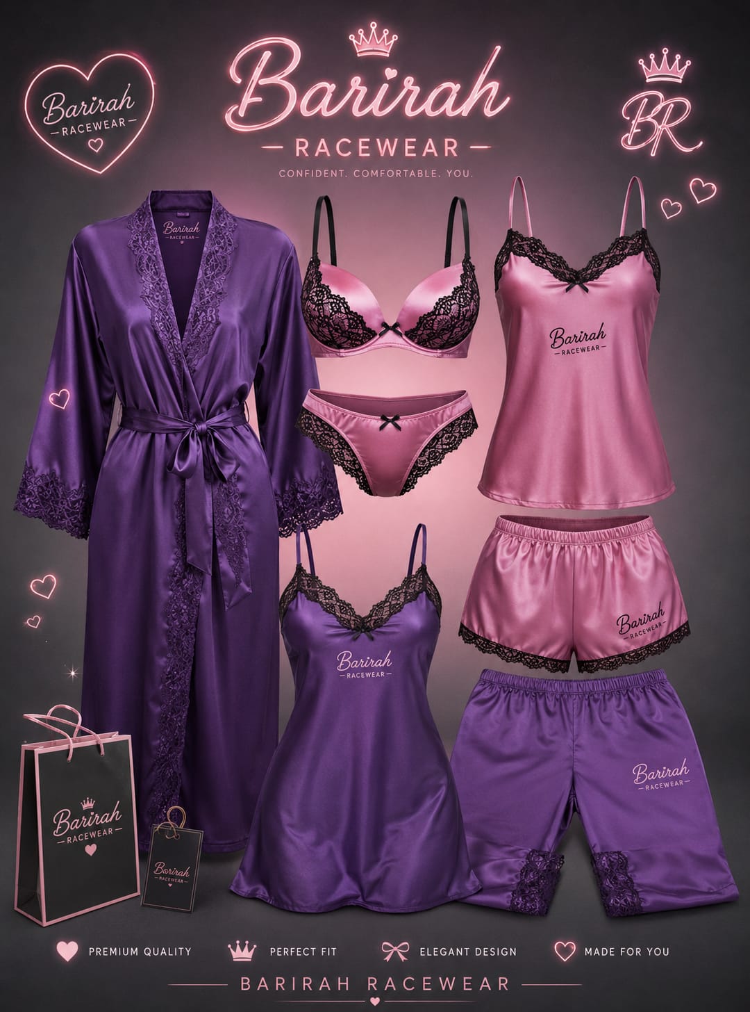 Barirah Racewear Women's 7-Piece Satin Lace Lingerie Sleepwear Set | Silk Satin Robe, Babydoll, Cami, Bra, Panty & Shorts Pajama Set | Pink & Purple