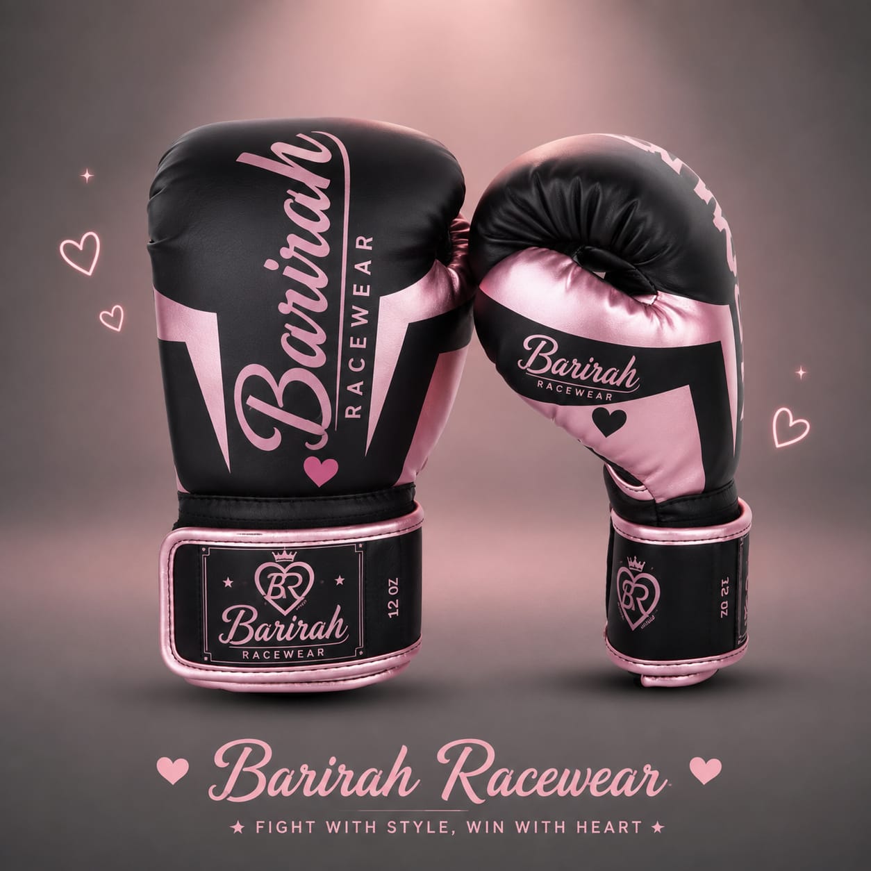 Barirah Racewear Women's Boxing Gloves | Premium PU Leather Training Gloves | Wrist Support Sparring, Kickboxing, Muay Thai & Fitness Gloves | Black & Pink | 12 oz