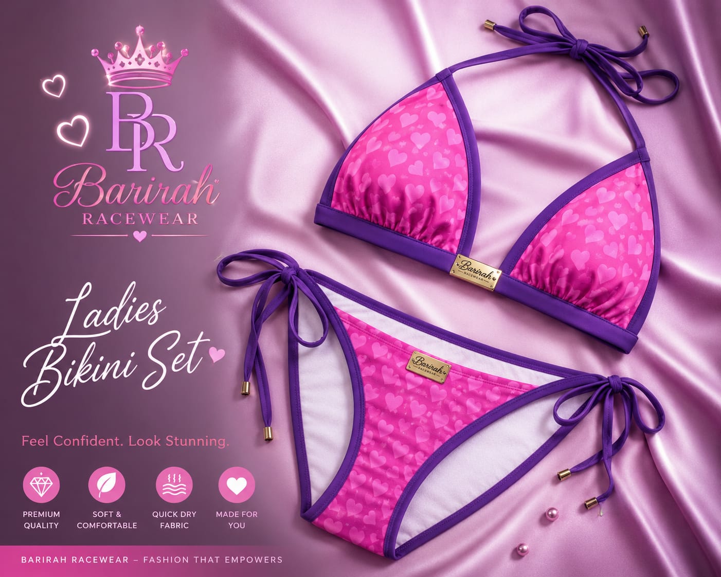 Barirah Racewear Women's Heart Print String Bikini Set | Triangle Halter Two-Piece Swimsuit | Quick-Dry Soft Stretch Beachwear | Pink & Purple