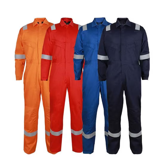 Flame-Resistant Reflective Work Coveralls | Industrial FR Safety Coverall with Hi-Vis Reflective Tape | Heavy-Duty Protective Overall | Orange, Red, Blue & Navy