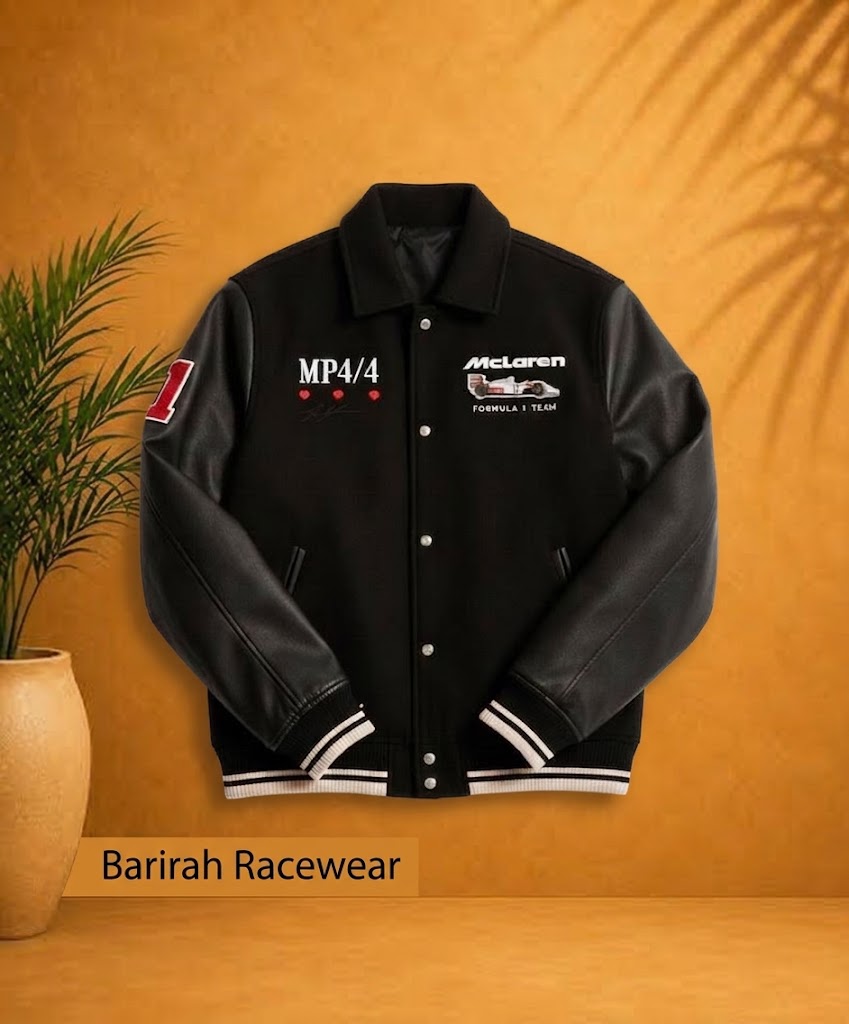 Men’s Black McLaren-Inspired Bomber Jacket | F1 Racing Varsity Jacket | Barirah Racewear