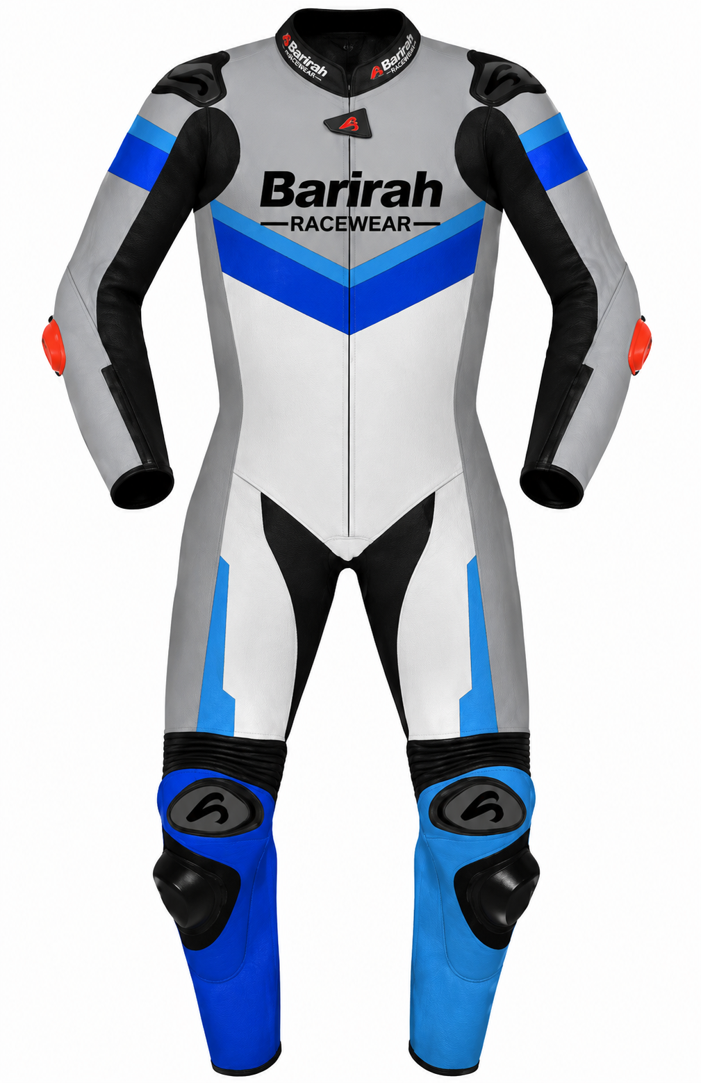 Barirah Racewear Premium One-Piece Leather Motorcycle Racing Suit – Professional Sportbike Track Suit with Protective Armor | Grey, White & Blue