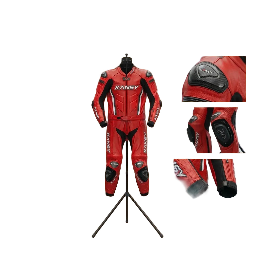 Custom Red Leather Motorcycle Racing Suit.